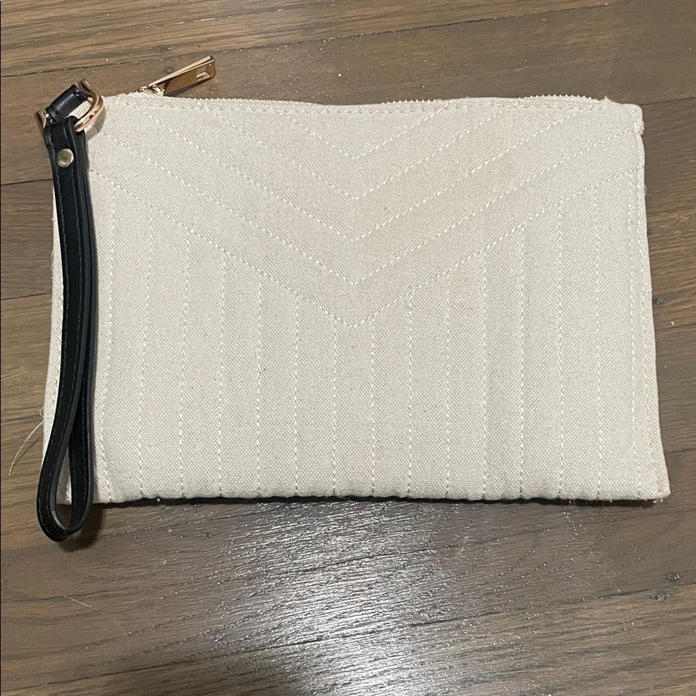 Cream Linen and Black Strap Wristlet Clutch